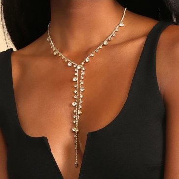 Easy Matching Shiny Rhinestone Long Tassel Necklace