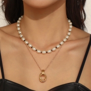 Fashion Ladies Faux Pearl Layered Pendant Necklace