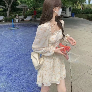  Floral Puff Sleeve Long Sleeve Casual Dress