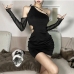 10Alluring Solid Inclined Shoulder Long Sleeve Mini Dress