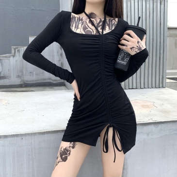 Black Drawstring Long Sleeve Bodycon Dress