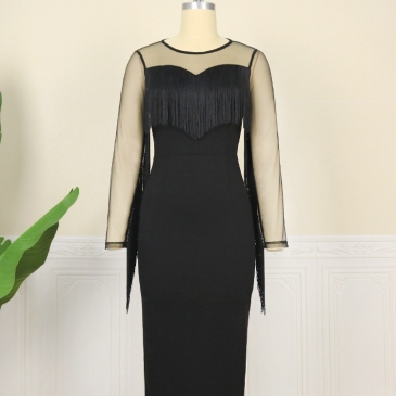 Black Tassels Perspective Long Sleeve Gown Dress