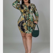 Casual Printed Plus Size Long Sleeve Shirt Dress