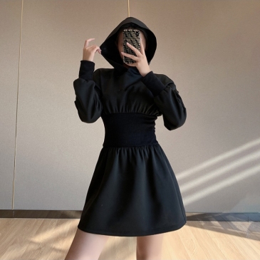 Fashion Black Long Sleeve Hoodie Dress