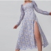3Fashionable High Slit Long Sleeve Floral Midi Dress