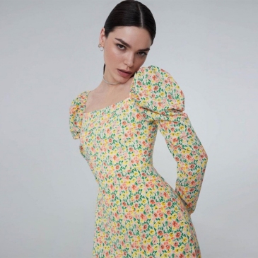 Fashionable High Slit Long Sleeve Floral Midi Dress