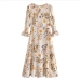 12French Style Print Crew Neck Flare Sleeve Dress 
