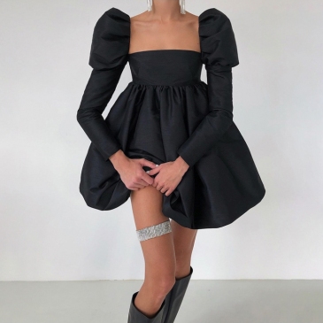 French Vintage Black Puff Sleeve Short Dress