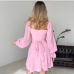 5Loosen Solid Square Neck Flare Sleeve Dress
