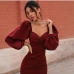 1Low Cut Sexy V Neck Puff Sleeve Dress