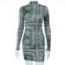 9Mock Neck Tribal Printed Long Sleeve Bodycon Dress