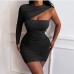 10Ruched One Shoulder Long Sleeve Bodycon Mini Dresses