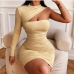 1Ruched One Shoulder Long Sleeve Bodycon Mini Dresses