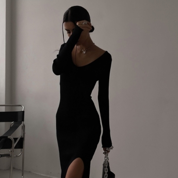 Sexy Black Long Sleeve Slim High Slit Dresses