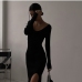 1Sexy Black Long Sleeve Slim High Slit Dresses