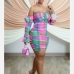 5Stylish Contrast Color Plaid Off Shoulder Dress