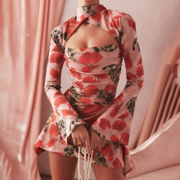 Summer Printed Long Sleeve Hollow Out Dress