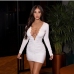 1V Neck Ruched Long Sleeve Bodycon Dress