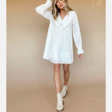 White Loose Fitting Long Sleeve Short Dress