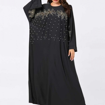  Embroidery Crew Neck Bat Sleeve Maxi Dress