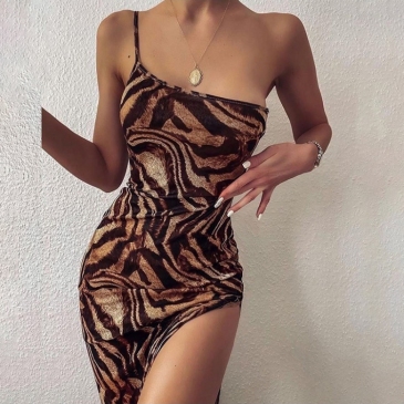  Sexy One Shoulder Tiger Print Maxi Dress