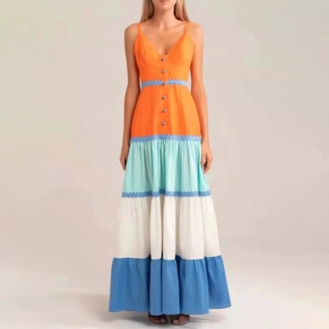  Summer Contrast Color Sleeveless Maxi Dress