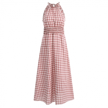  Summer Plaid Printing Sleeveless Casual Maxi Dress