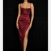 1Alluring Satin Plain Draped High Split Maxi Dress