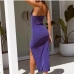 3Alluring V Neck Ruched Sleeveless Slit Maxi Dress