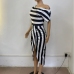 3Asymmetric Inclined Shoulder Striped Maxi Dress
