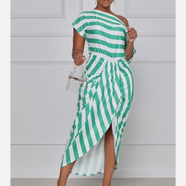 Asymmetric Inclined Shoulder Striped Maxi Dress