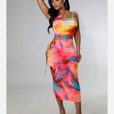 Asymmetric Tie Dye One Shoulder Maxi Dress