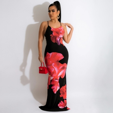 Backless Slit Printed Sleeveless Maxi Dresses For Women