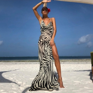 Beach Vacation Zebra Printed Slit Backless Maxi Dress
