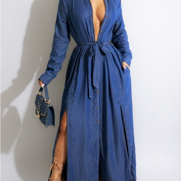 Casual Loose Blue Long Sleeve Shirt Maxi Dress