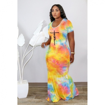 Casual Tie Dye  Short Sleeve Plus Size Maxi Dress