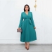 3Casual V Neck Pleated Long Sleeve Maxi Dress