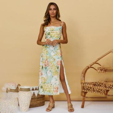 Chic Floral Print Split Sleeveless Maxi Dress