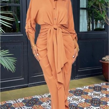 Chic Ruched Tie Wrap Shirt Maxi Dress