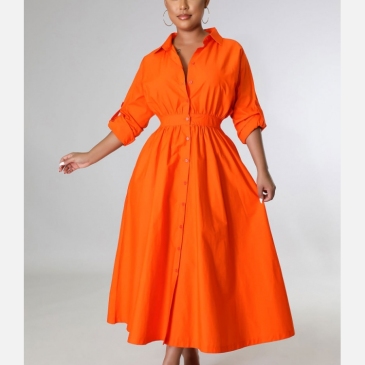 Chic Solid Polo Collar Long Sleeve Maxi Dress