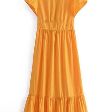 Crew Neck Orange Pleated Short Sleeve Maxi Dress