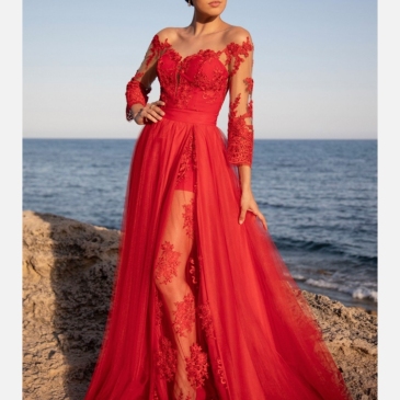 Elegant Lace Patch Evening Party Red Long Dress