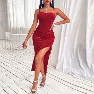 Elegant Red Backless High Slit Maxi Dresses