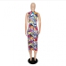 6Euro Style Printed V Neck Sleeveless Maxi Dress