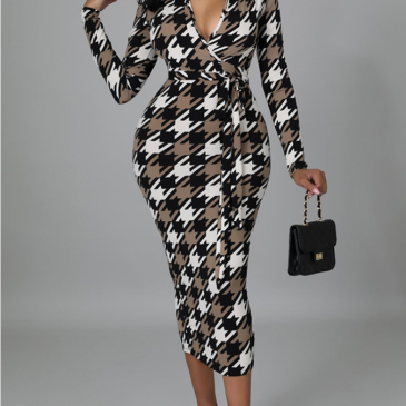 Fashion Houndstooth  Long Sleeve Maxi Dresses For Women