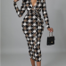 1Fashion Houndstooth  Long Sleeve Maxi Dresses For Women