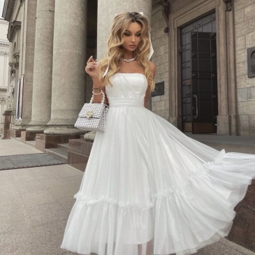 Fashion Plain White Strapless Dress For Ladies