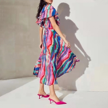 Fashion V Neck Multicolor Ruffled Sleeve Dress