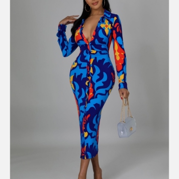 Fashionable Printed Long Sleeve Maxi Dress