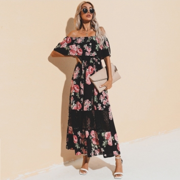 Flowers Printed Off Shoulder Short Sleeve Maxi Dresses